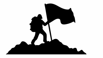Silhouette of a hiker with a backpack planting a flag on top of a mountain peak in black and white art