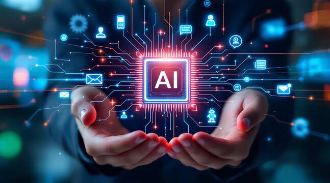 Artificial Intelligence Chip and Technology Icons in Hands,Futuristic concept showing a glowing AI microchip surrounded by digital icons, held in human hands symbolizing innovation and control.

