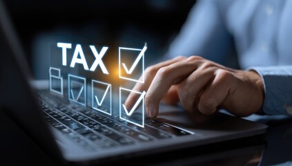 Close-up of person's hands on laptop with tax checklist overlay