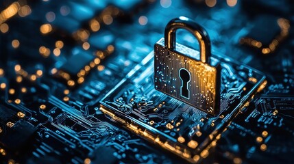 A padlock with a keyhole on a circuit board, symbolizing cybersecurity and technology.