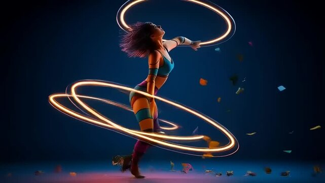 Dynamic hula hoop performer in vibrant attire, surrounded by colorful confetti in a studio setting