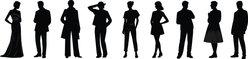 Stylish silhouettes of fashionable men and women in modern outfits, standing poses, evening dress and casual wear, isolated on white background