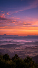 Obraz premium Golden Mourning: Dawn Awakens the Misty Valley in a Symphony of Pastel Elegance and Hushed Nature