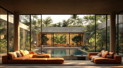Luxurious living room views gorgeous pool, garden. Perfect for illustrating modern design or tropical living.