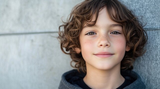 A young boy with curly hair and freckles, wearing a gray hoodie, standing against a gray wall. - Powered by Adobe