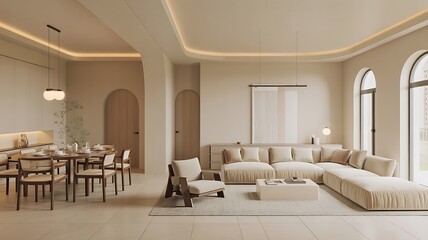 Minimalist living and dining space with neutral tones image