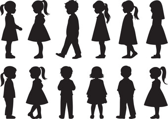Silhouettes of Diverse Children Standing and Moving, Youthful Expression, Profiles, and Minimalist Character Design.