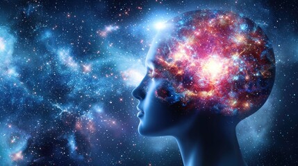 A human head with a cosmic brain and stars in the background.