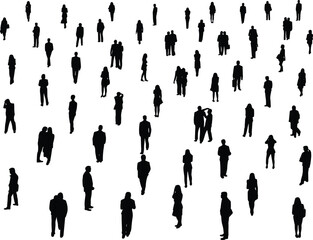 Silhouettes of diverse people walking and standing, social crowd scene, urban public space, business, casual communication, modern lifestyle group