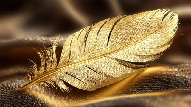 A magical golden feather dissolving into sparkling dust and particles on a rich silk background. - Powered by Adobe