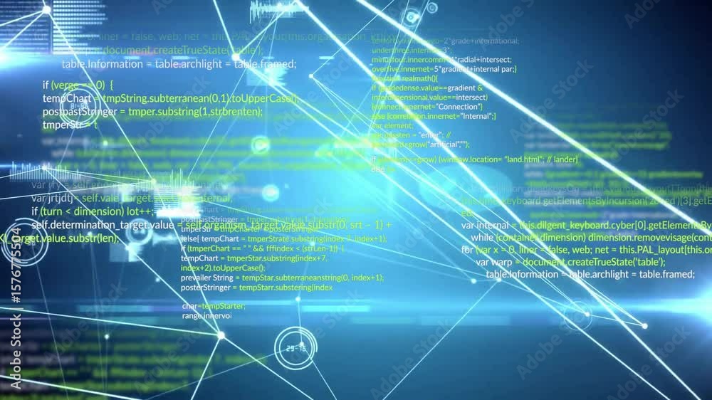 Poster white nodes clustering initiating code blocks and data bar graphs growing showing network expansion