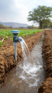 Irrigation System with Flowing Water from Valve in Lush Farm Field Under Cloudy Sky