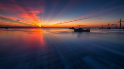 Sunset Bathed Water Silhouetted Boats Await