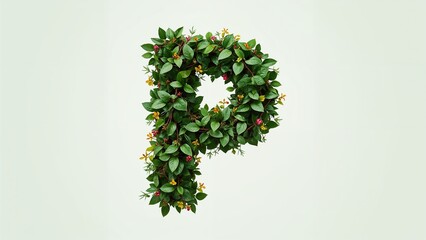 Vibrant green leaves, red berries, and colorful blossoms intricately form the elegant letter P isolated on a pure white backdrop