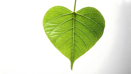 A close up of a vibrant green heart shaped leaf against white backdrop