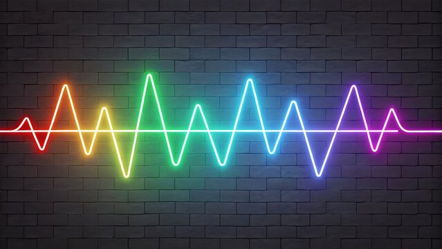 A colorful neon waveform against a dark gray brick textured wall