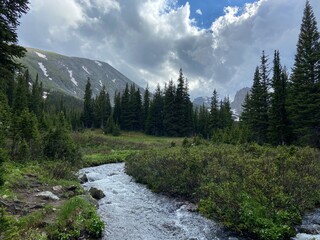 Panoramic view of snowy mountains of hike in Lake Isabelle in Colorado with river and trees