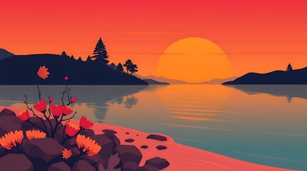 Sunset flowers by a lake