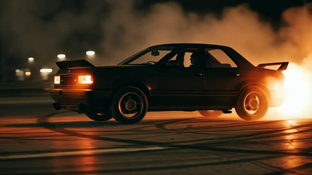 Nighttime car drifting with smoke and tire marks