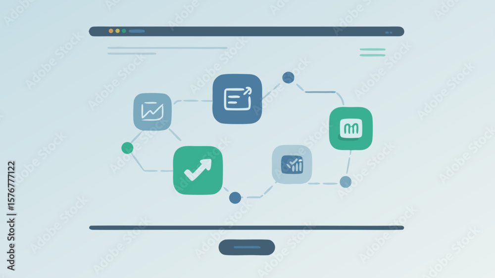 Fototapete Digital workflow illustration showing interconnected icons on a computer screen in flat design