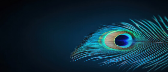 Obraz premium Vibrant peacock feather displaying intricate patterns and vivid blue and green colors on dark background