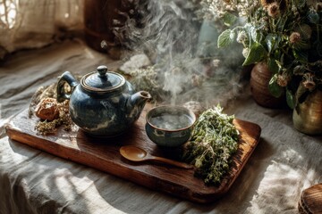 Rustic herbal tea set with a steaming teapot, loose herbs, and warm tones evoking coziness and tradition.