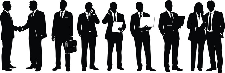 Silhouettes of business professionals in suits working with laptops, holding documents, talking, and shaking hands isolated on white for corporate design