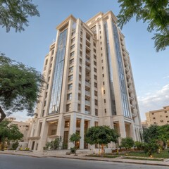 Obraz premium Tall beige apartment building, landscaped grounds