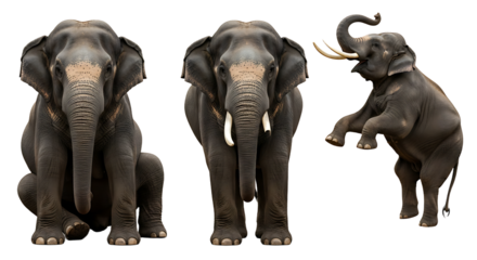 Three Asian Elephants in Diverse Poses Sitting Standing and Playfully Rising.