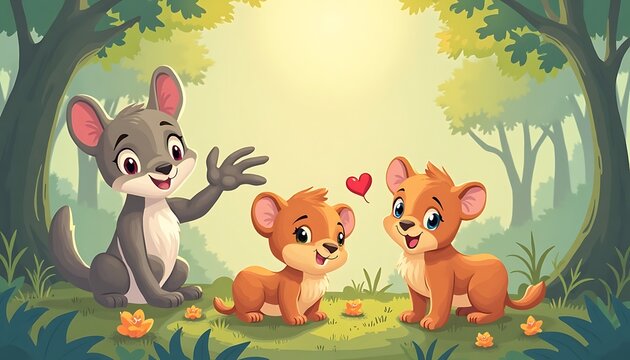Cartoon Animal Friendship in Forest Setting with Heart - Powered by Adobe