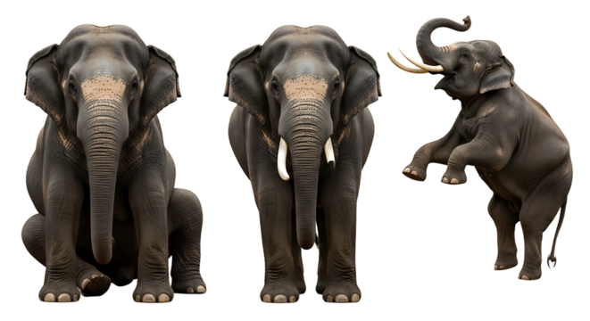 Three Asian Elephants in Diverse Poses Sitting Standing and Playfully Rising.