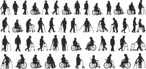 Silhouettes of elderly men and women using walkers, wheelchairs, and canes for mobility support, isolated on white for healthcare and senior care themes