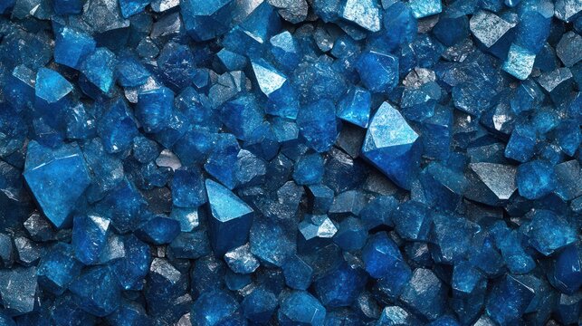 Close-up view of vibrant blue crystals. Background displays many scattered crystals. Possible use stock photo