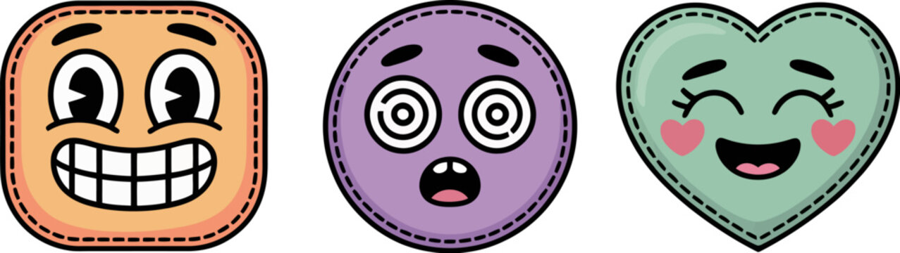 Cartoon emoji faces vector illustration set square circle heart expressions design graphic elements art vector