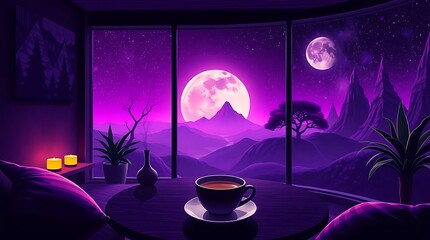 Tranquil moonlit vista from cozy room