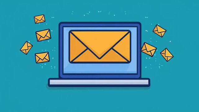 A laptop screen displays a large envelope icon, with several smaller envelopes floating around, symbolizing email communication.