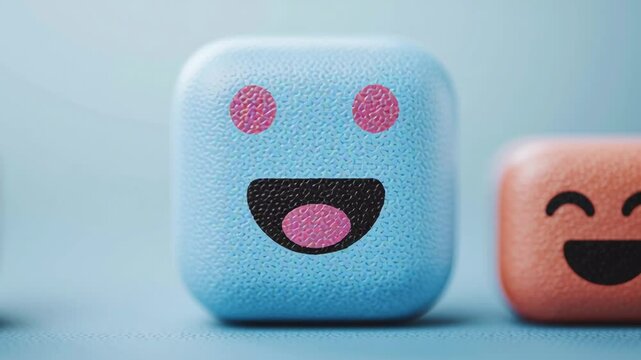 Colorful, smiling cube-shaped faces with happy expressions arranged in a row on a blue background.