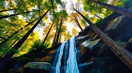 Towering trees and waterfall cascade