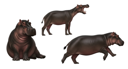 Three Hippopotamus Illustrations Seated Standing with Open Mouth and Running.