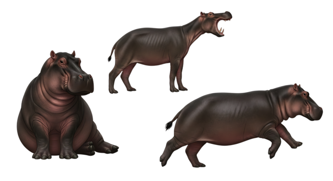 Three Hippopotamus Illustrations Seated Standing with Open Mouth and Running.