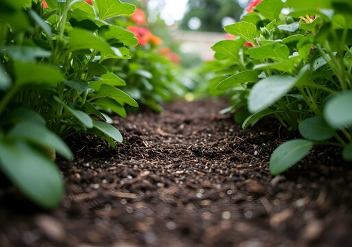 Soil bed sits between rows of healthy green plants growing in a small garden plot during a bright and sunny afternoon in the summer.