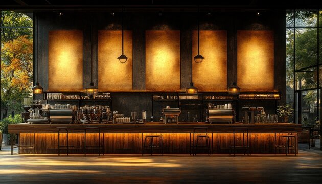 A warm-toned cafe interior, with a wooden bar, stools, and brewing equipment. Use it to illustrate restaurant design or a cozy coffee shop atmosphere.