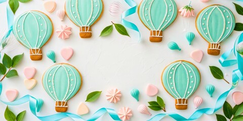 Colorful Hot Air Balloon Cookies with Pastel Decorations and Leaves on White Background
