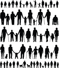 Inclusive family silhouettes with children, seniors, parents, pets, and wheelchair users, walking and standing poses, symbolizing unity and multigenerational care
