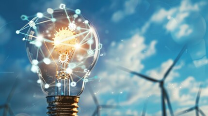 Concept innovation renewable energy solution, glowing light bulb with wind turbines