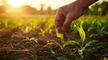 Hand Planting Corn Seedlings in Field