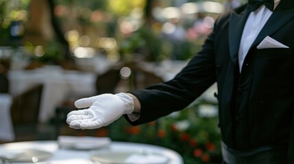 Waiter with a White Glove Inviting Customers