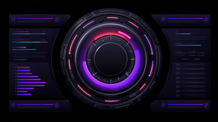 Obraz premium Futuristic digital interface with neon purple and pink circular gauge and data panels on a dark background, resembling a high-tech control or monitoring system.