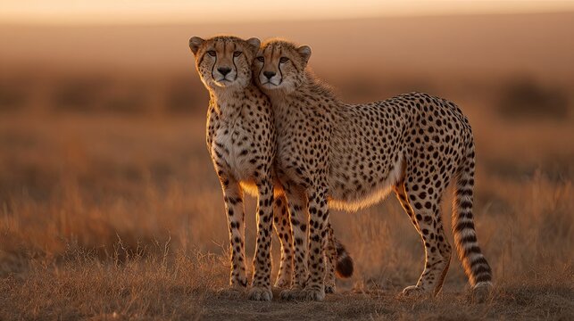 A cheetah mother and cub framed by the golden glow of an amber sunset stand together in the vast - Powered by Adobe