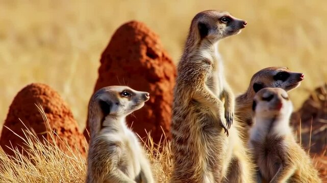 Meerkats Suricate Family Standing and Watching in the African Savannah Landscape